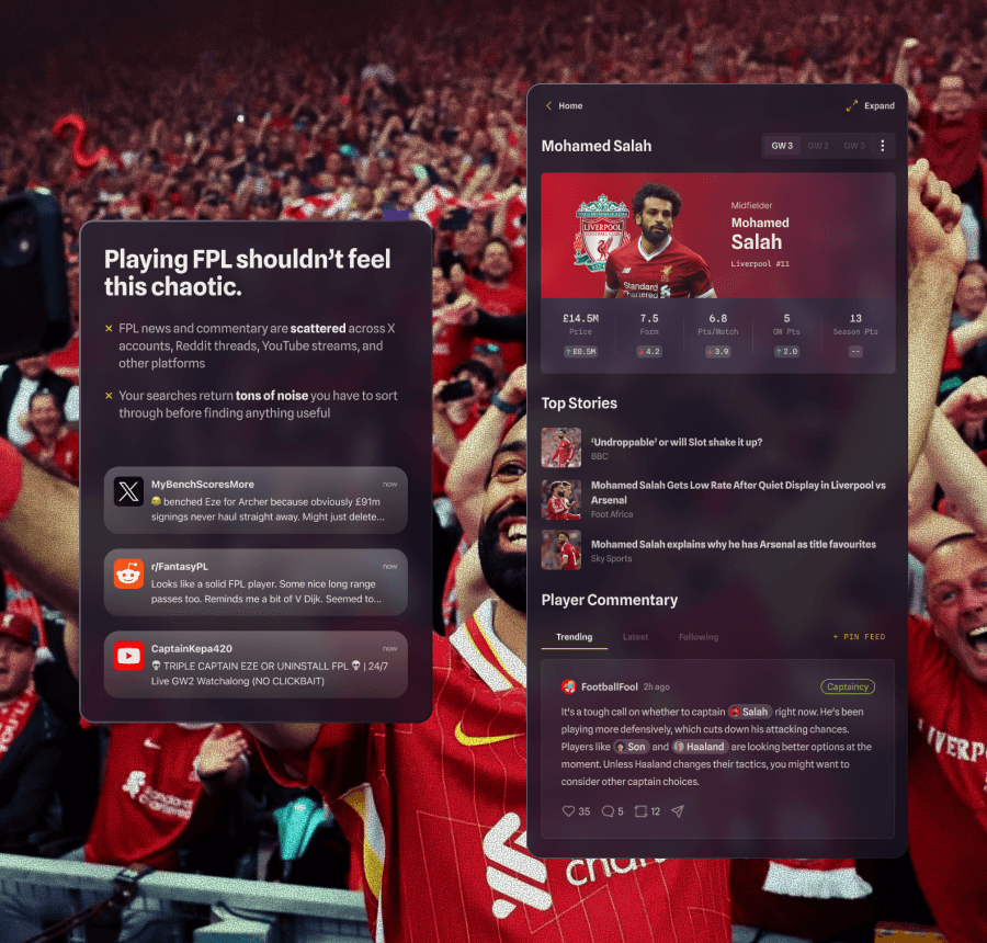 Player card showing gameweek statistics and community commentary